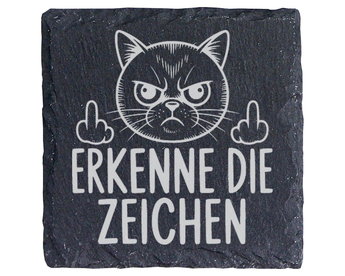 Schiefer Untersetzer Katze Erkenne Die Zeichen Mittelfinger - Lustiges – Bild 1