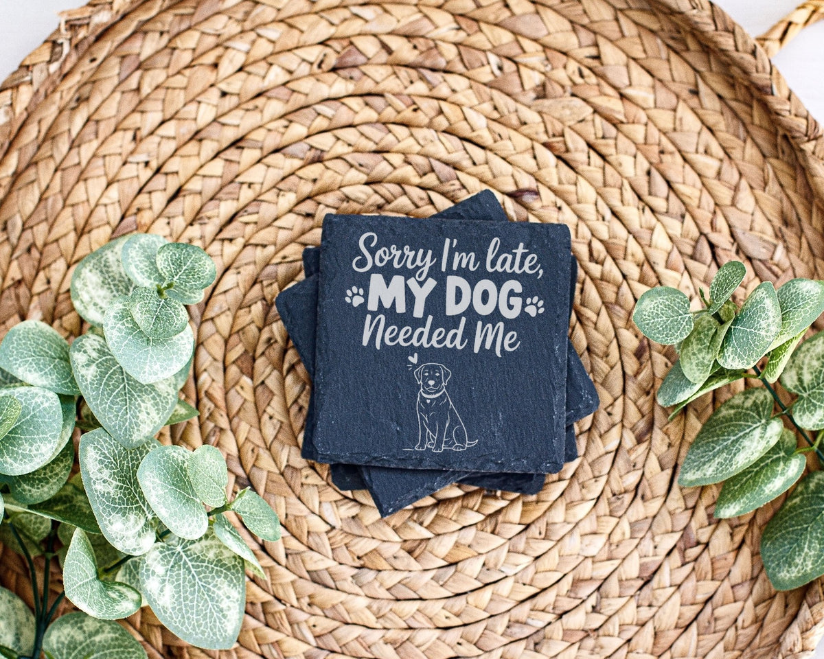 Schiefer Untersetzer Hund Spruch Sorry Im Late - Geschenk für Frauchen – Bild 3