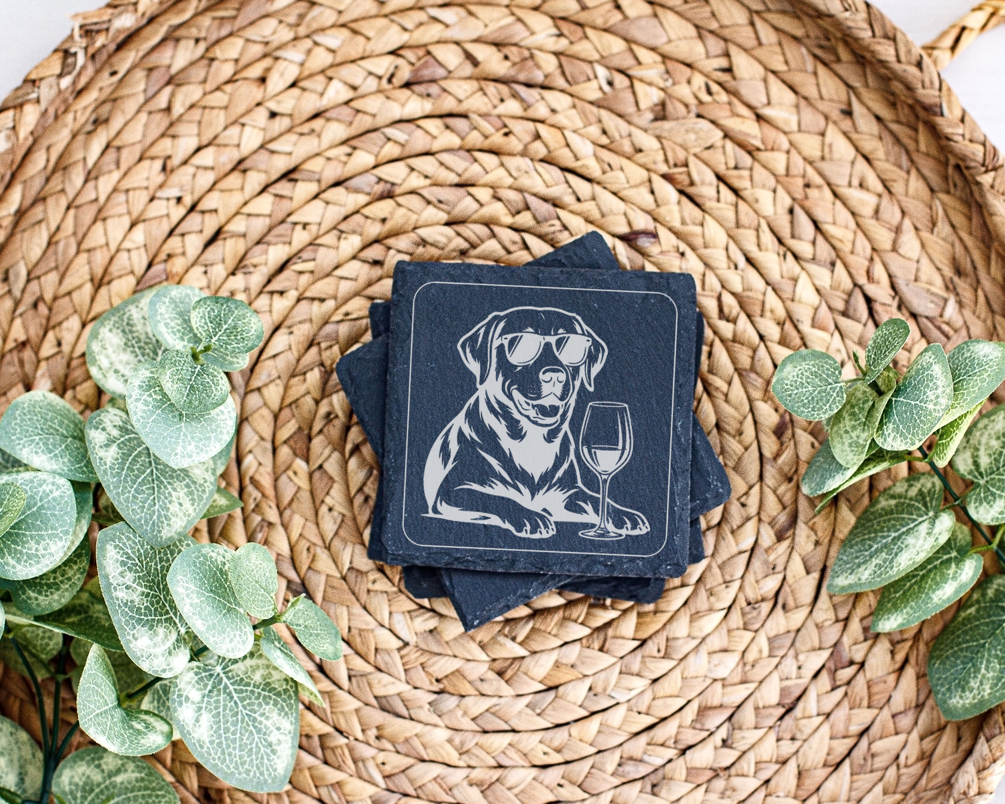 Hunde Untersetzer Schiefertafel, Weinliebhaber Geschenk, Hund mit Sonn – Bild 3