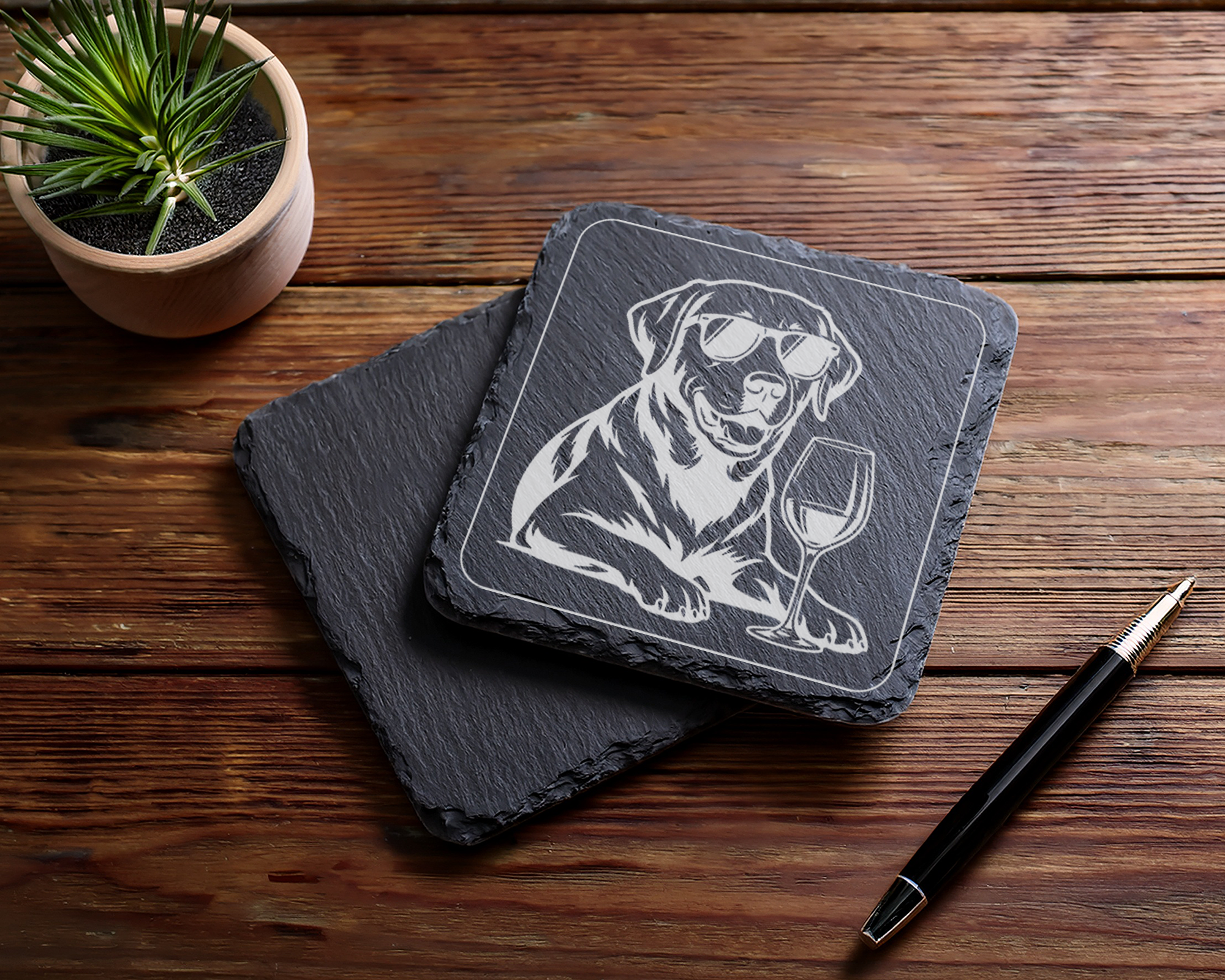 Hunde Untersetzer Schiefertafel, Weinliebhaber Geschenk, Hund mit Sonn – Bild 5