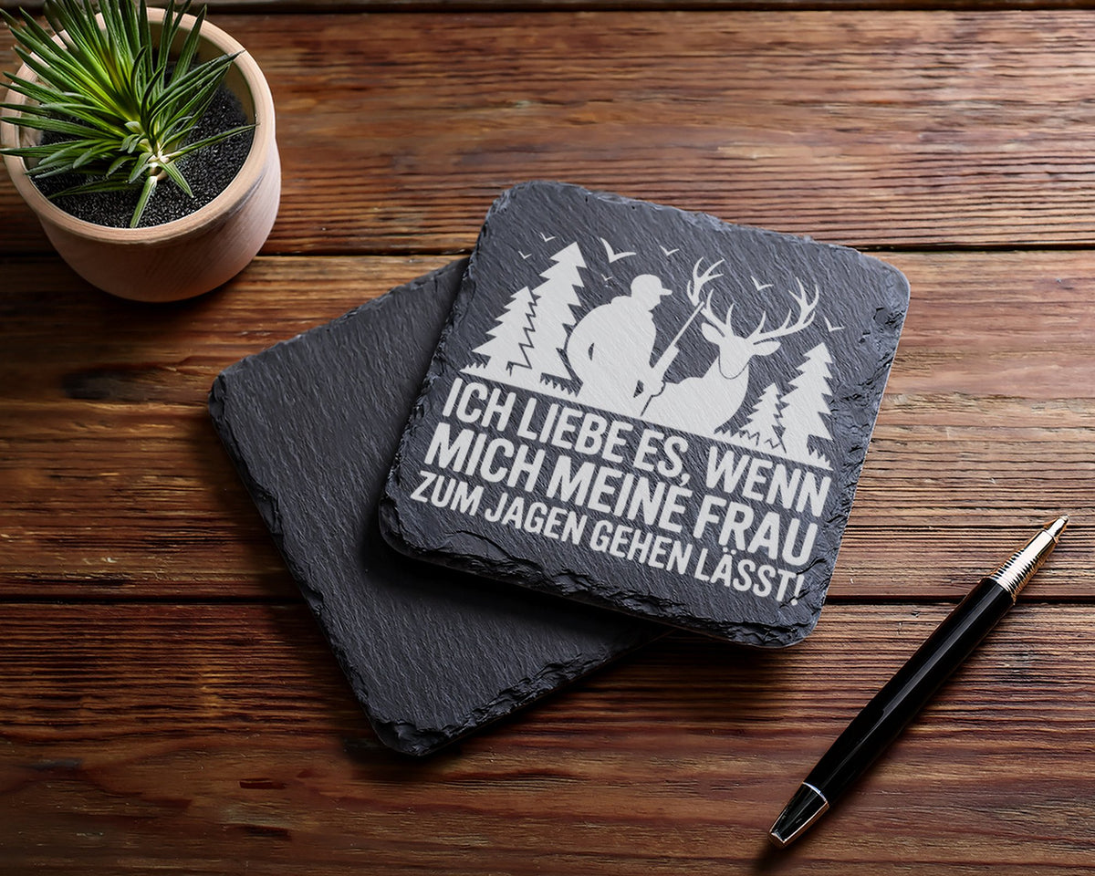 Schiefer Untersetzer Jäger Hirsch Wald Spruch Frau Lässt Mich Jagen -  – Bild 5