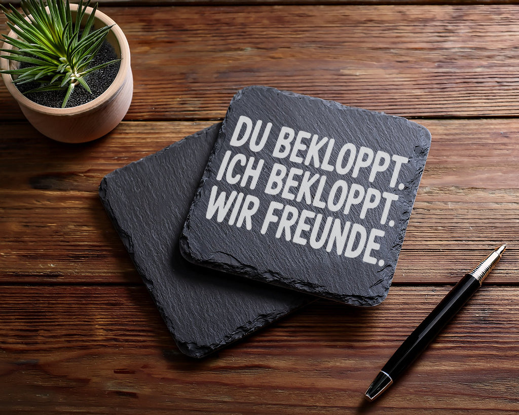 Schiefer Untersetzer Du Bekloppt Ich Wir Freunde - Geschenk für Beste  – Bild 5