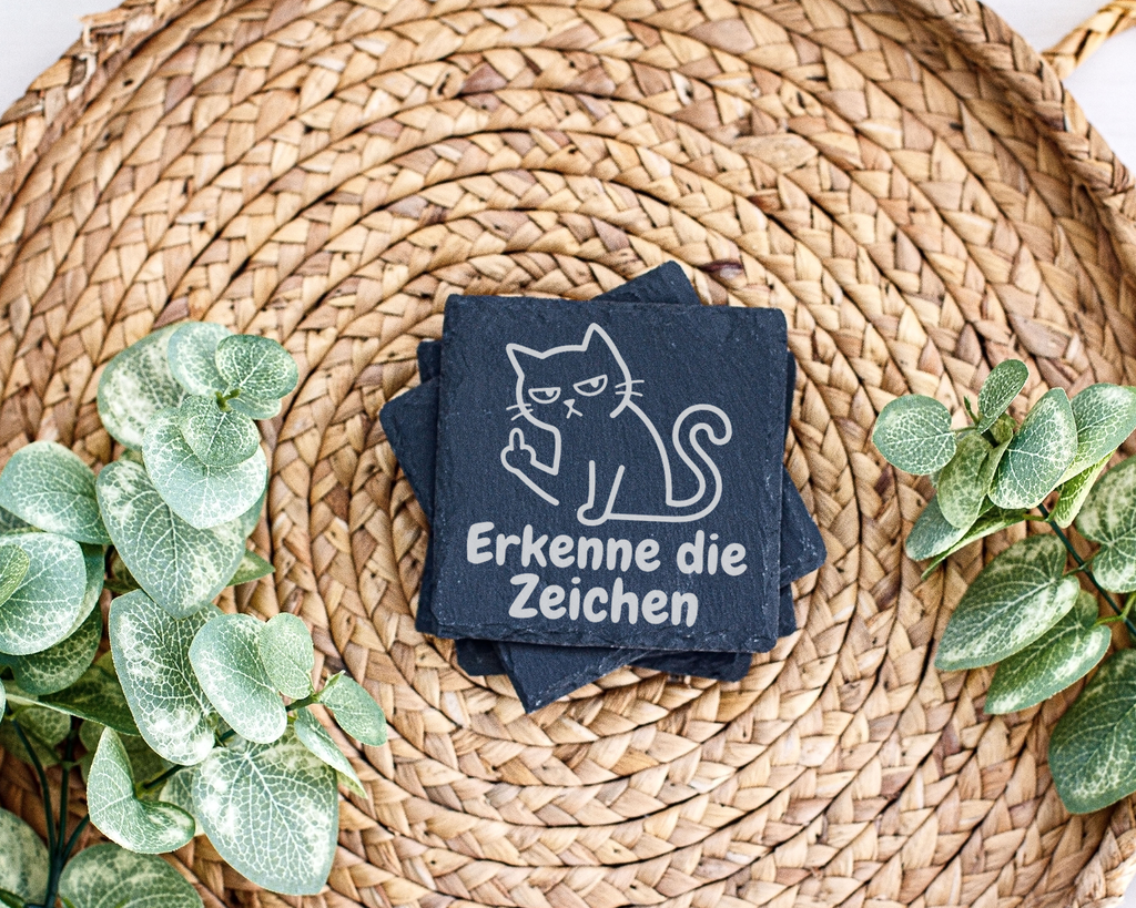 Schiefertafel Untersetzer Katze Mittelfinger Erkenne die Zeichen, sark – Bild 3