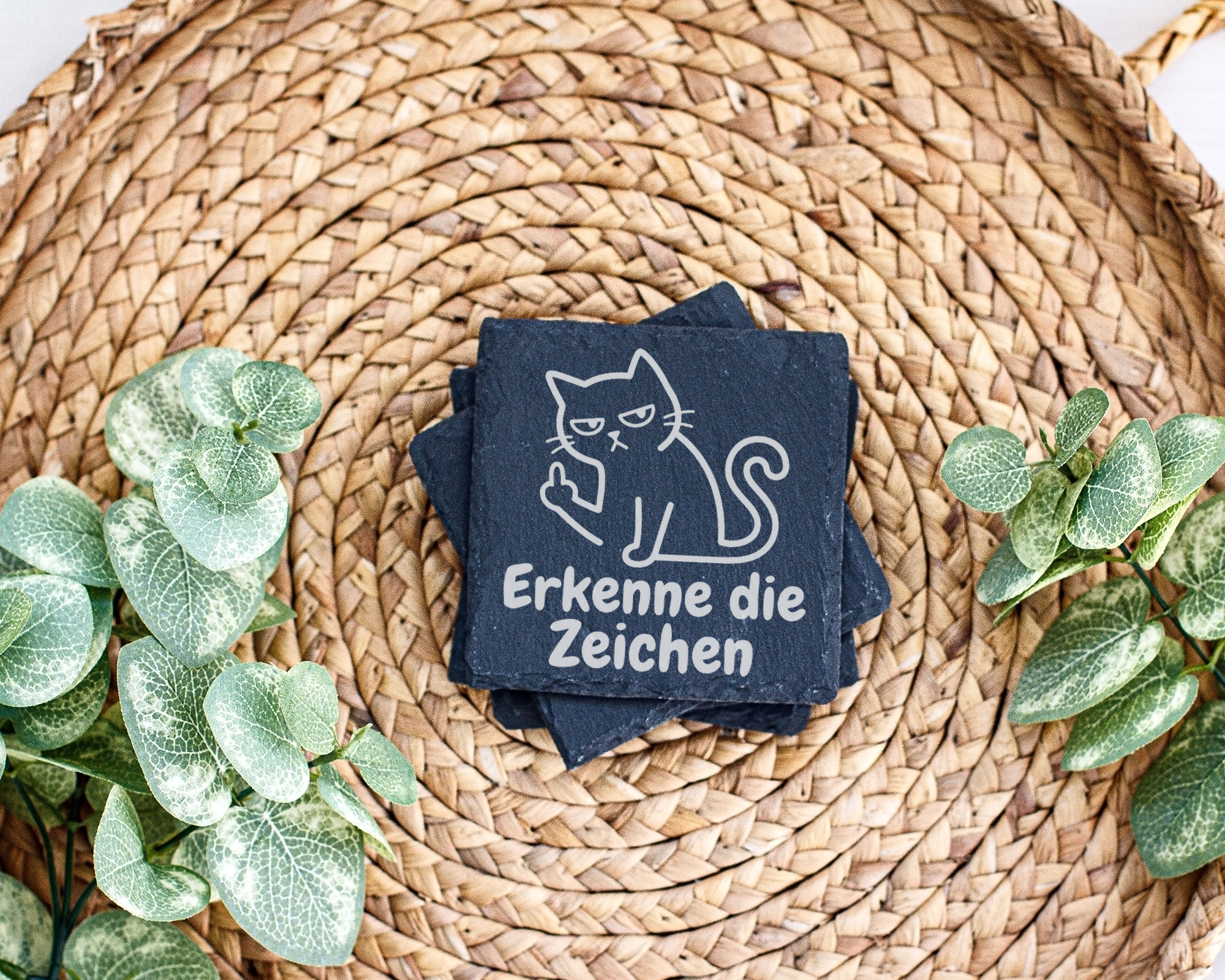 Schiefertafel Untersetzer Katze Mittelfinger Erkenne die Zeichen, sark – Bild 3
