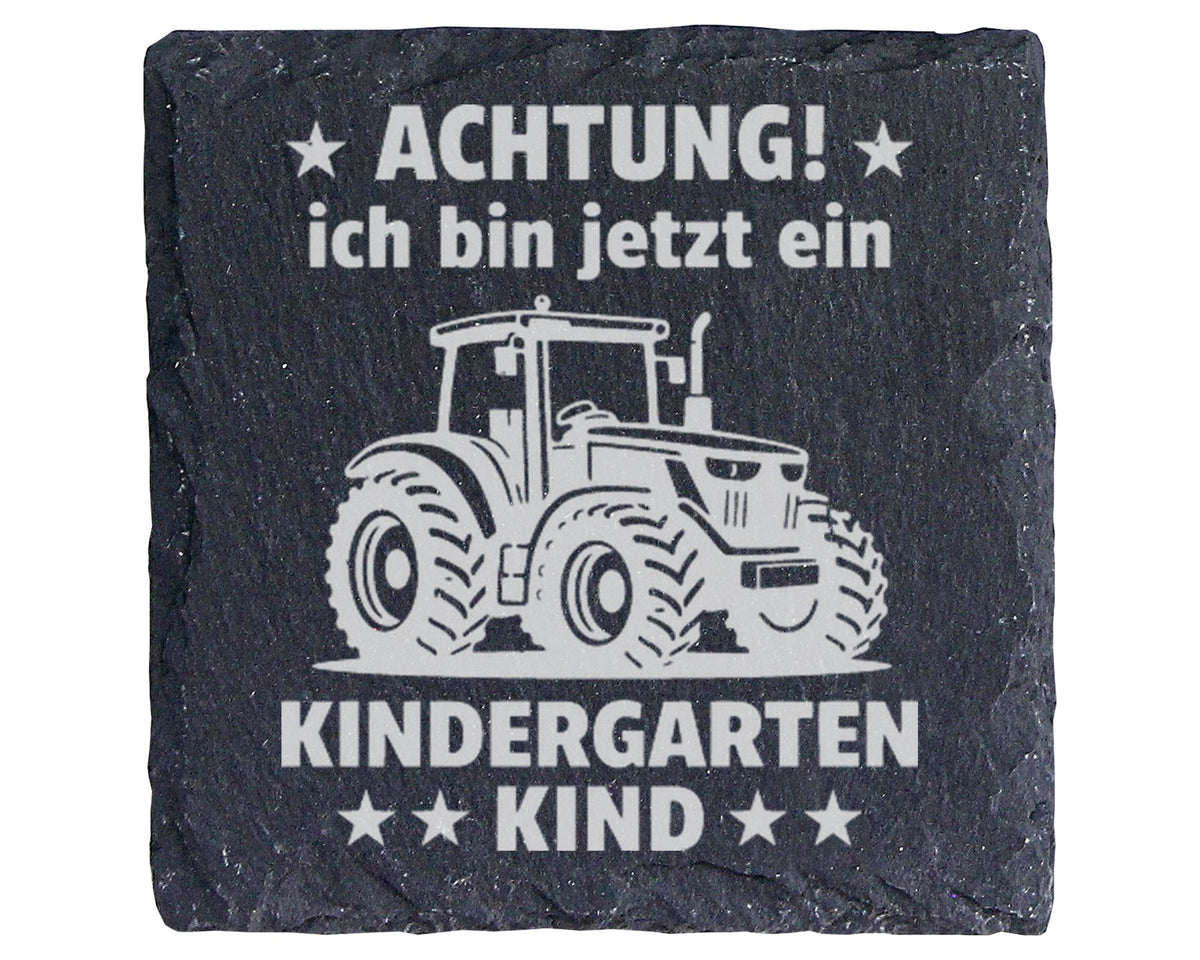 Schiefer Untersetzer Traktor Achtung Kindergarten Kind - Geschenk für  – Bild 1