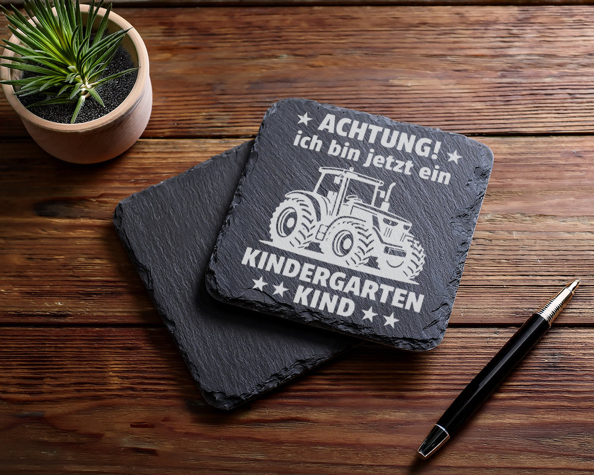 Schiefer Untersetzer Traktor Achtung Kindergarten Kind - Geschenk für  – Bild 5