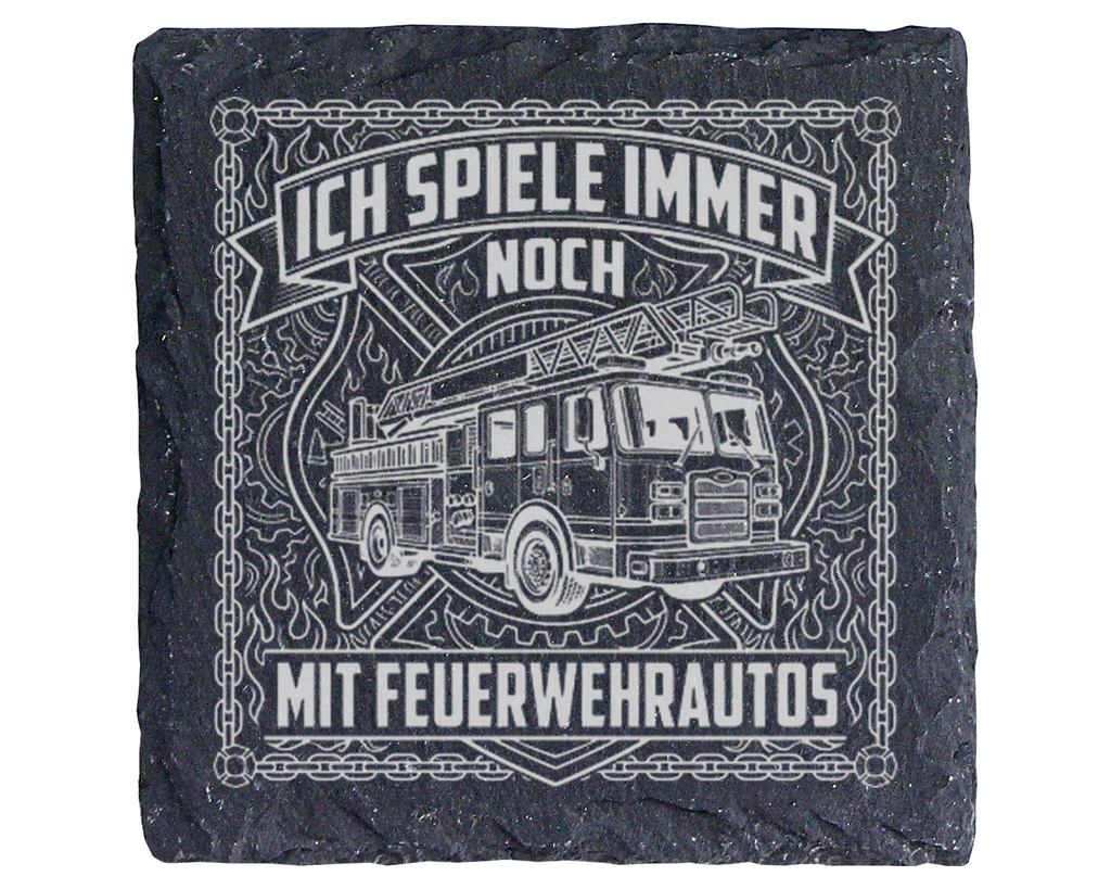 Schiefertafel Untersetzer Ich spiele immer noch mit Feuerwehrautos, Ge – Bild 1