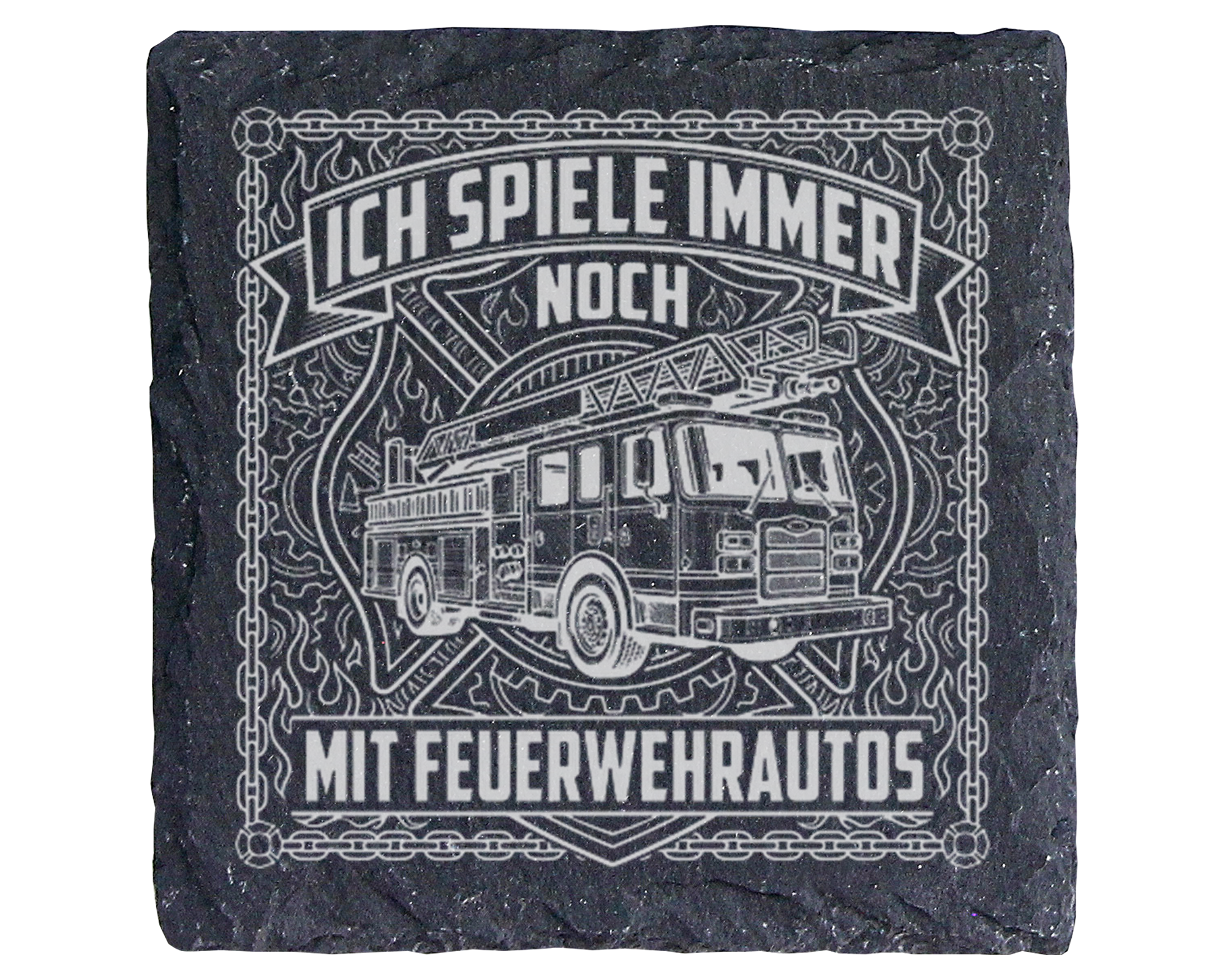 Schiefertafel Untersetzer Ich spiele immer noch mit Feuerwehrautos, Ge – Bild 1