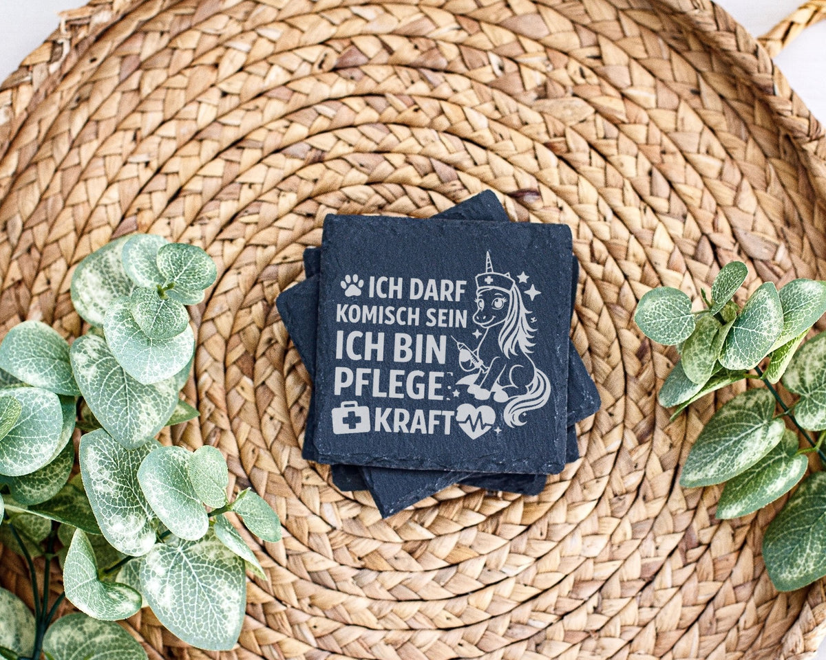 Schiefer Untersetzer Einhorn Ich Darf Komisch Sein - Geschenk für Pfle – Bild 3