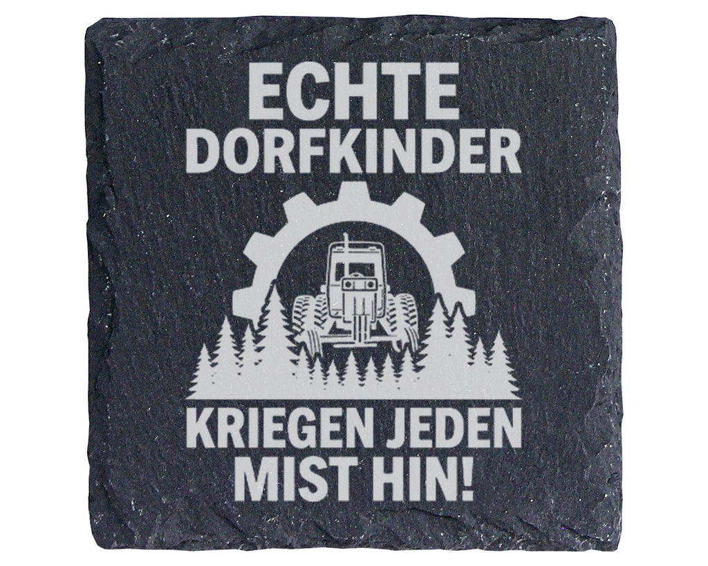 Schiefer Untersetzer Traktor Echte Dorfkinder Spruch - Geschenk für La – Bild 1