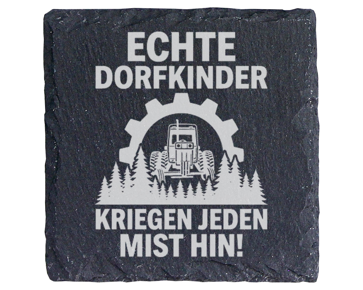 Schiefer Untersetzer Traktor Echte Dorfkinder Spruch - Geschenk für La – Bild 1