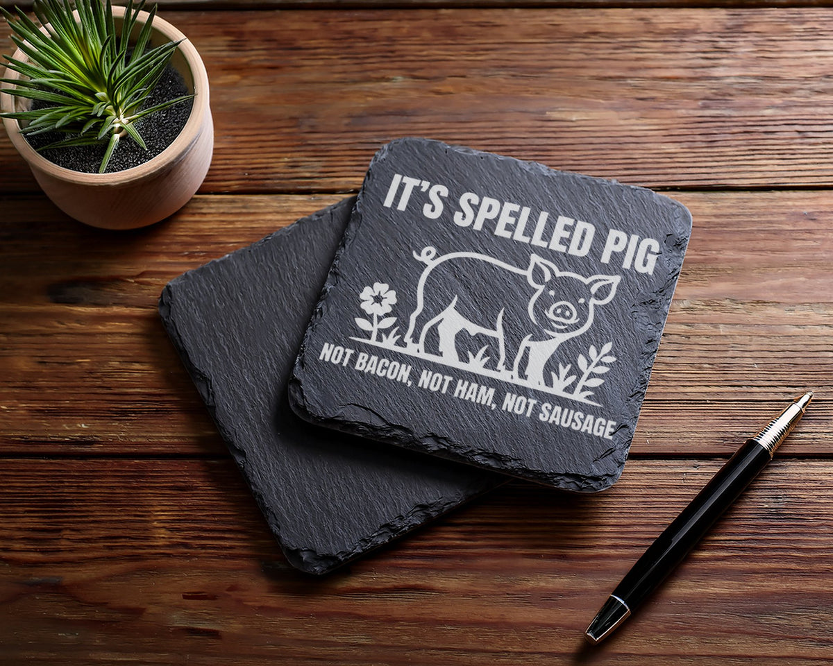 Schiefer Untersetzer Schwein It's Spelled Pig - Geschenk für Veganer V – Bild 5