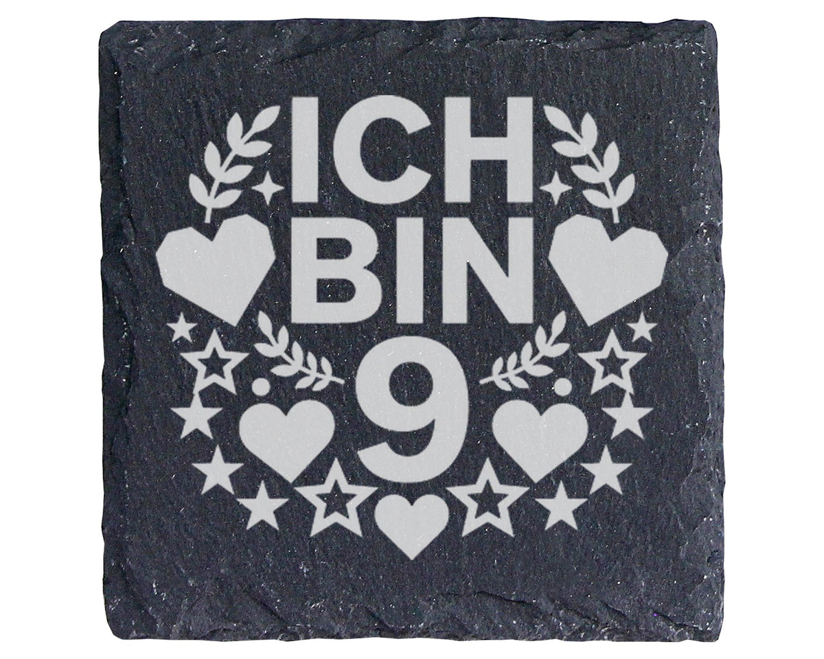 Schiefer Untersetzer Ich Bin 9 mit Herz Stern - Geschenk für Mädchen J – Bild 1
