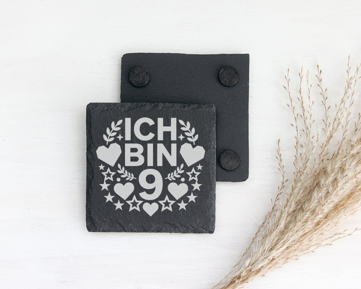 Schiefer Untersetzer Ich Bin 9 mit Herz Stern - Geschenk für Mädchen J – Bild 2