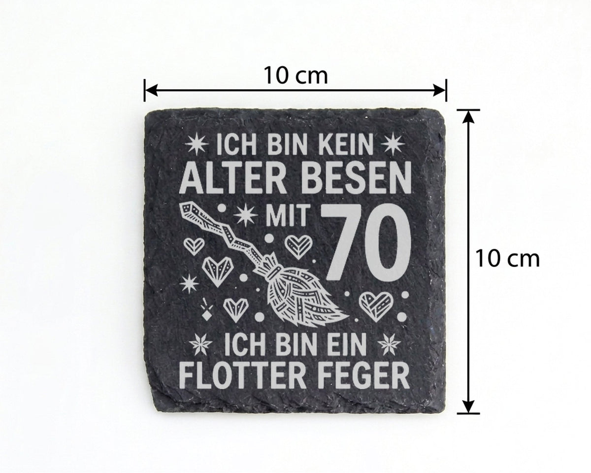 Schiefer Untersetzer Kein Alter Besen Mit 70 Flotter Feger - Geschenk  – Bild 4