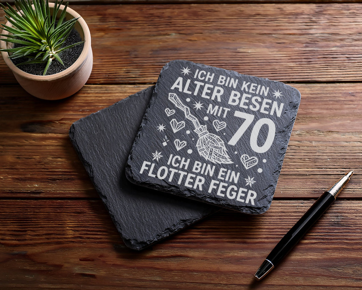 Schiefer Untersetzer Kein Alter Besen Mit 70 Flotter Feger - Geschenk  – Bild 5