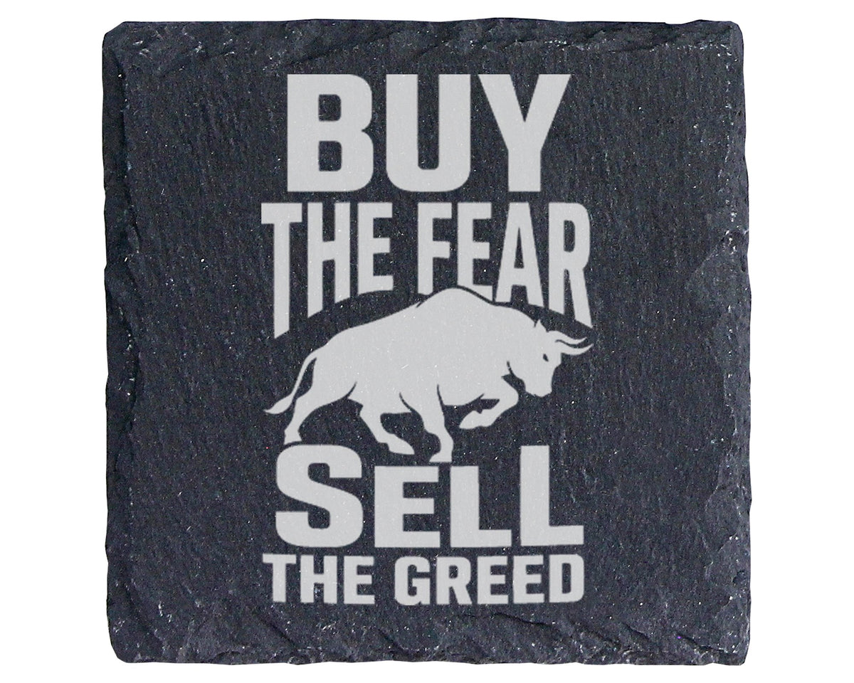 Schiefer Untersetzer Bulle Buy The Fear Sell Greed - Geschenk für Trad – Bild 1