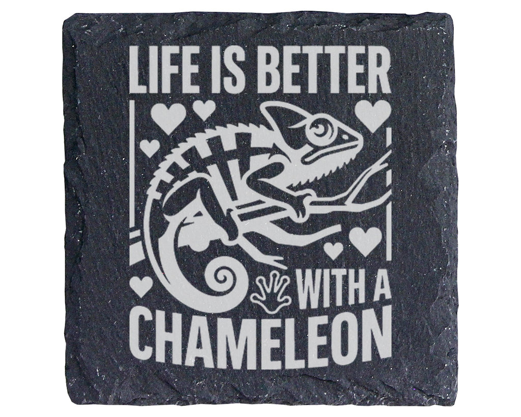 Schiefer Untersetzer Chamäleon Life Is Better Spruch - Geschenk Fuer R – Bild 1