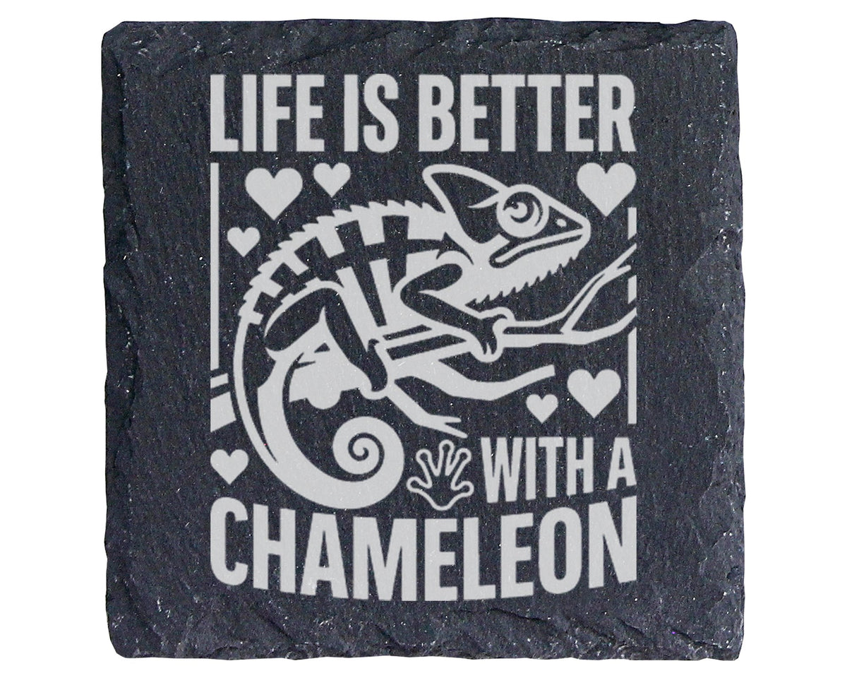 Schiefer Untersetzer Chamäleon Life Is Better Spruch - Geschenk Fuer R – Bild 1