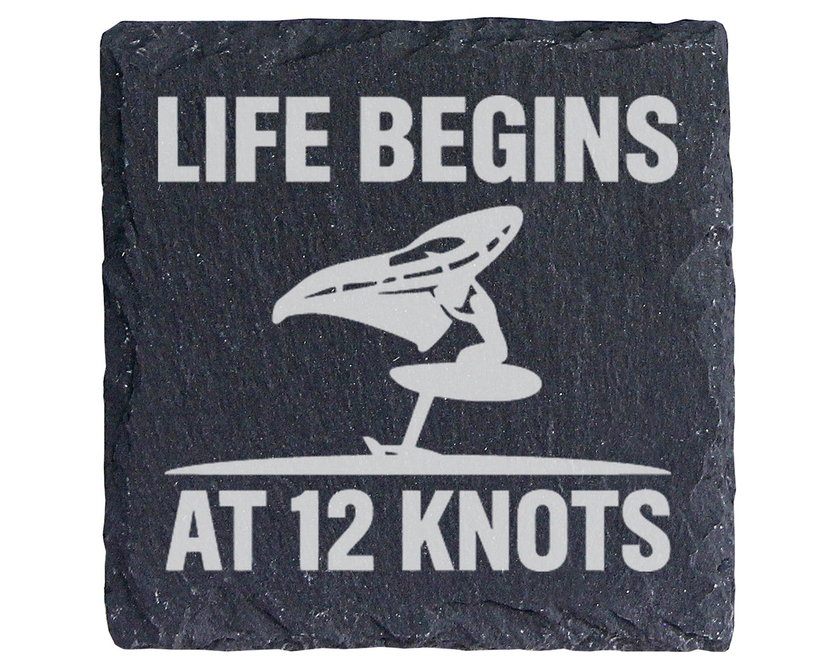 Schiefer Untersetzer Wingfoiler Life Begins At 12 Knots - Geschenk für – Bild 1