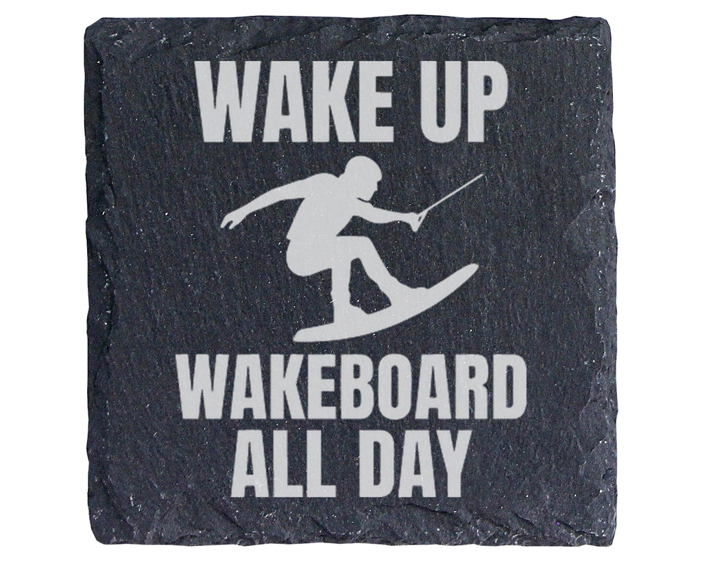 Schiefer Untersetzer Wakeboard Spruch Wake Up All Day - Geschenk für W – Bild 1