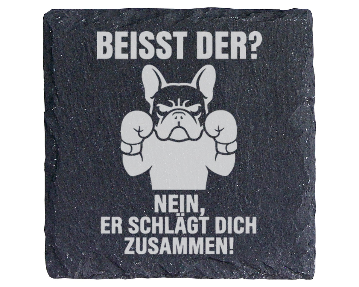 Schiefer Untersetzer Französische Bulldogge Boxer Hund Beisst Der Spru – Bild 1