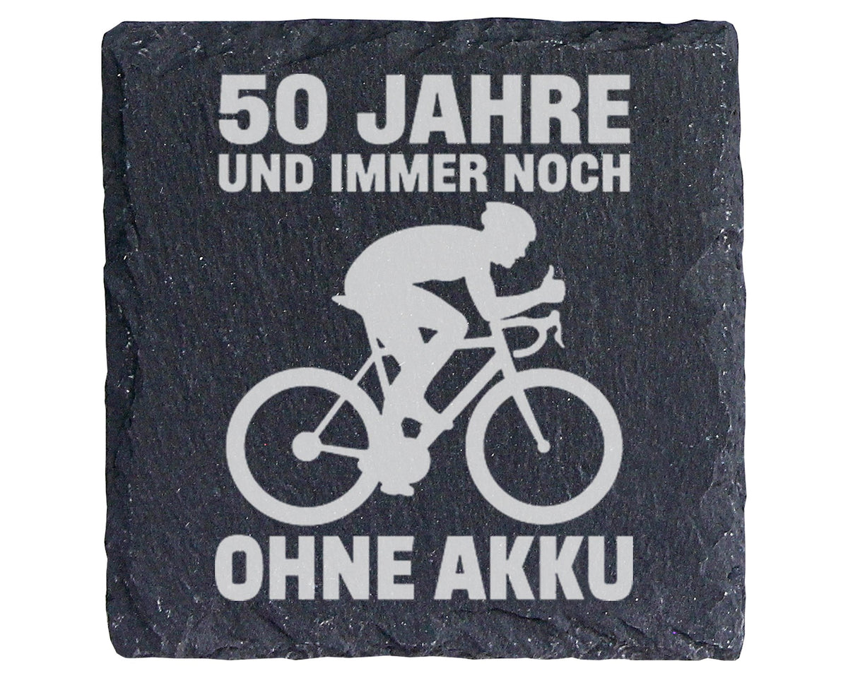 Schiefer Untersetzer Radfahrer 50 Jahre Ohne Akku - Lustiges Geschenk  – Bild 1
