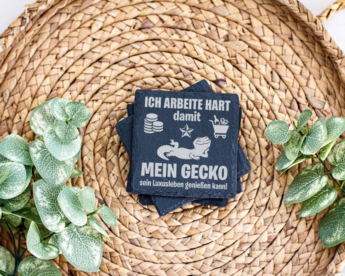 Schiefer Untersetzer Gecko Luxusleben Spruch - Lustiges Geschenk für G – Bild 3