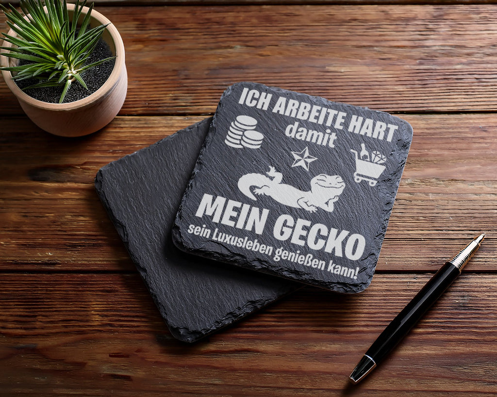 Schiefer Untersetzer Gecko Luxusleben Spruch - Lustiges Geschenk für G – Bild 5