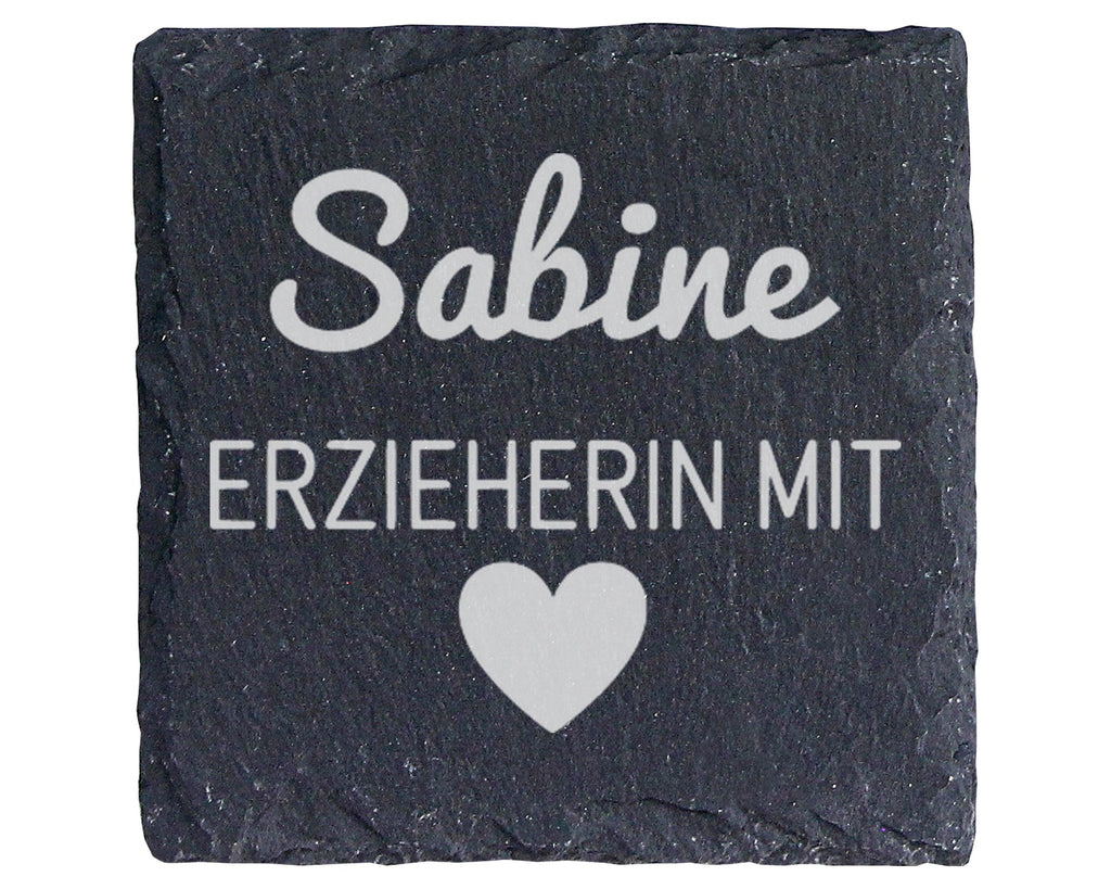 Schiefer Untersetzer Erzieherin mit Herz Wunschname - Geschenk für Päd – Bild 1