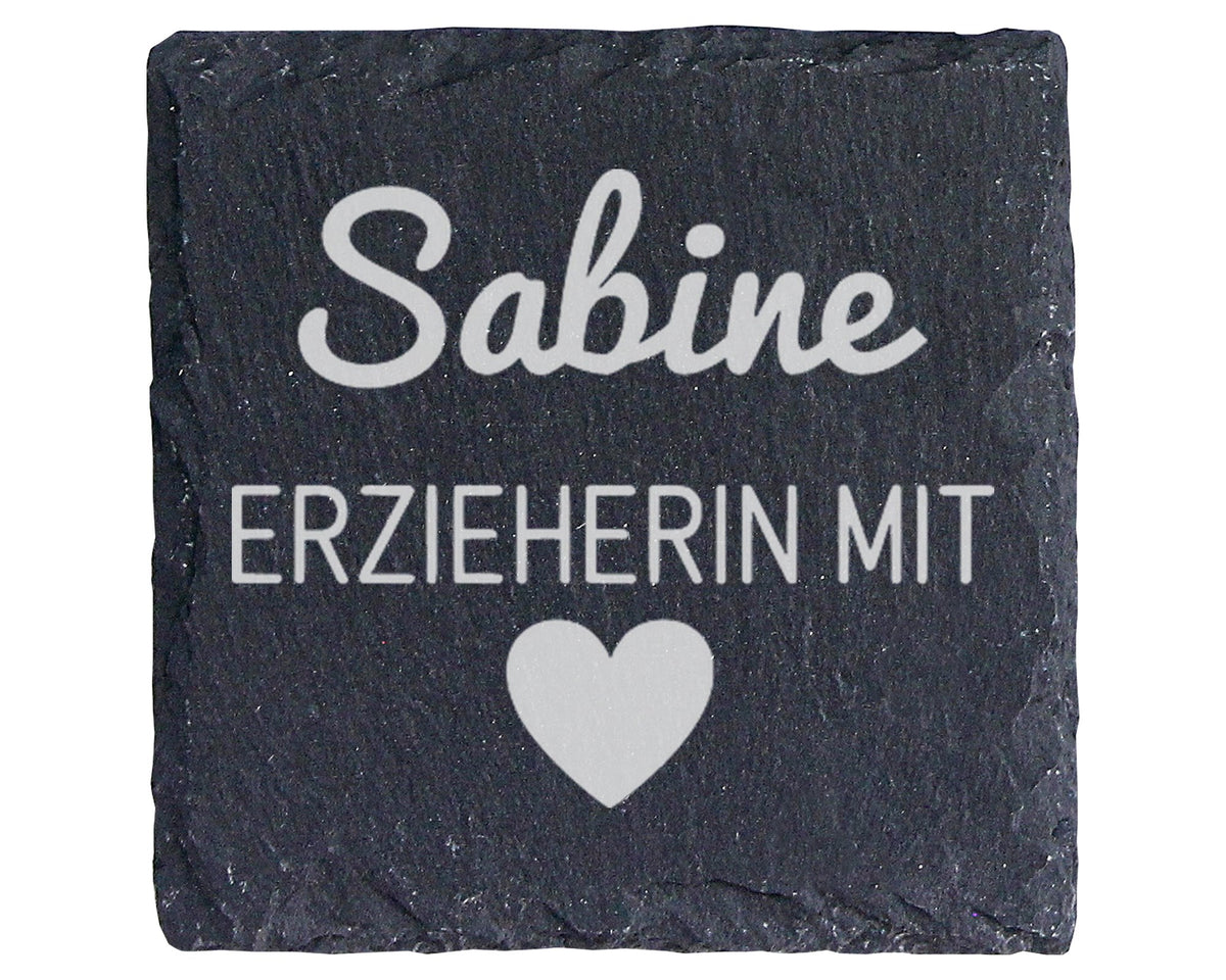 Schiefer Untersetzer Erzieherin mit Herz Wunschname - Geschenk für Päd – Bild 1