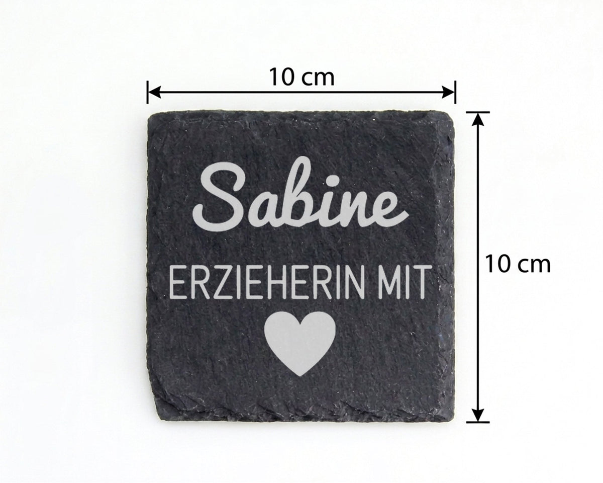 Schiefer Untersetzer Erzieherin mit Herz Wunschname - Geschenk für Päd – Bild 4