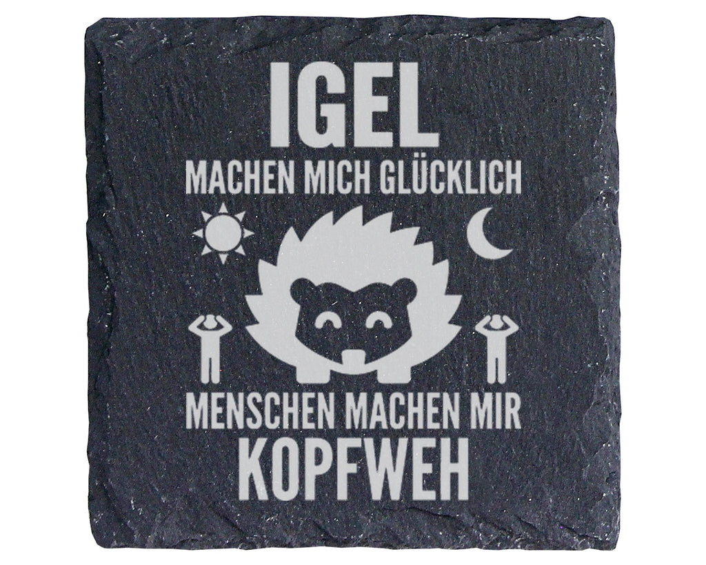 Schiefer Untersetzer Igel Glücklich Menschen Kopfweh - Lustiges Gesche – Bild 1