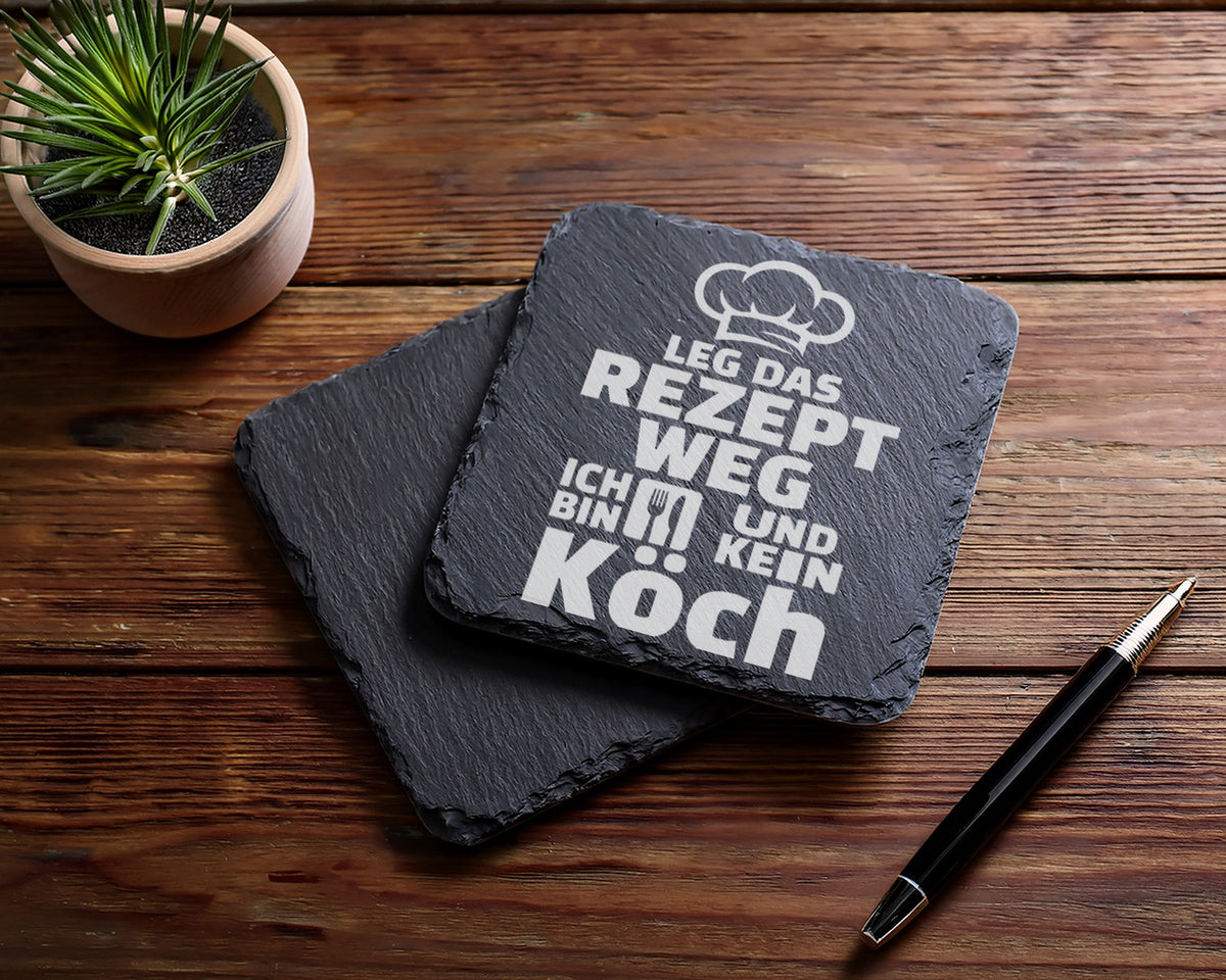 Schiefer Untersetzer Kochmütze Spruch Leg Das Rezept Weg Kein Koch - G – Bild 5
