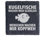 Schiefer Untersetzer Kugelfisch Glücklich Menschen Kopfweh - Lustiges  – Bild 1