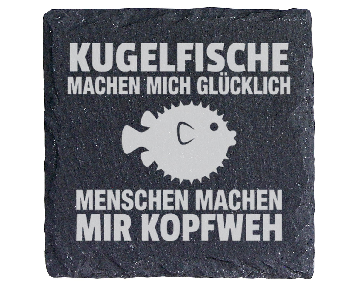 Schiefer Untersetzer Kugelfisch Glücklich Menschen Kopfweh - Lustiges  – Bild 1