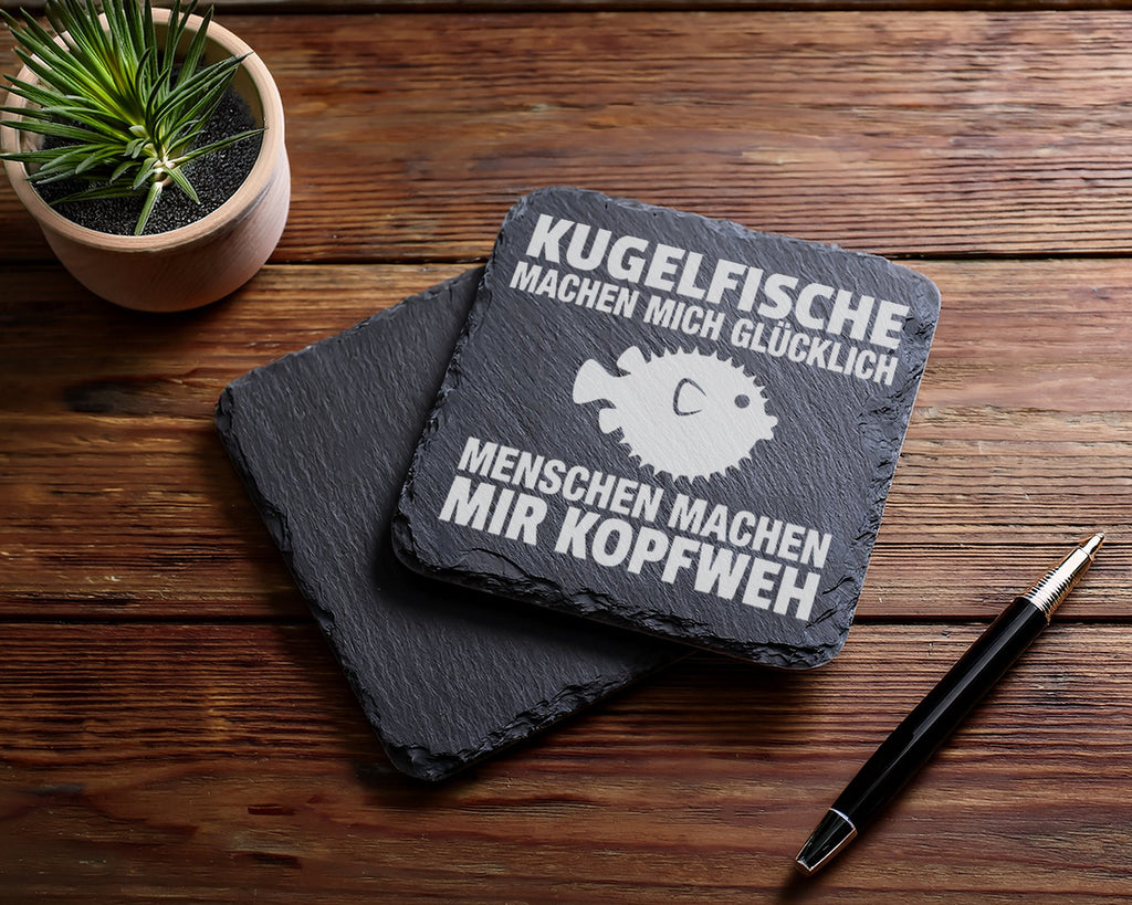 Schiefer Untersetzer Kugelfisch Glücklich Menschen Kopfweh - Lustiges  – Bild 5