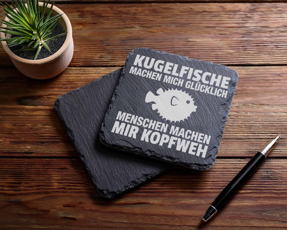 Schiefer Untersetzer Kugelfisch Glücklich Menschen Kopfweh - Lustiges  – Bild 5