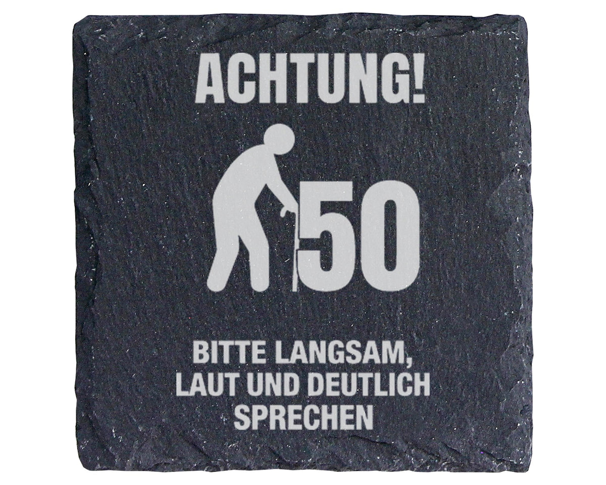 Schiefer Untersetzer 50 Geburtstag Achtung Langsam Sprechen - Lustiges – Bild 1