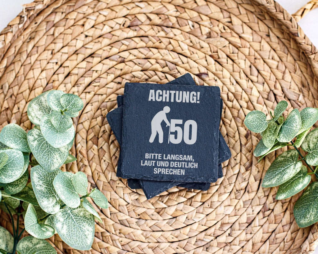 Schiefer Untersetzer 50 Geburtstag Achtung Langsam Sprechen - Lustiges – Bild 3
