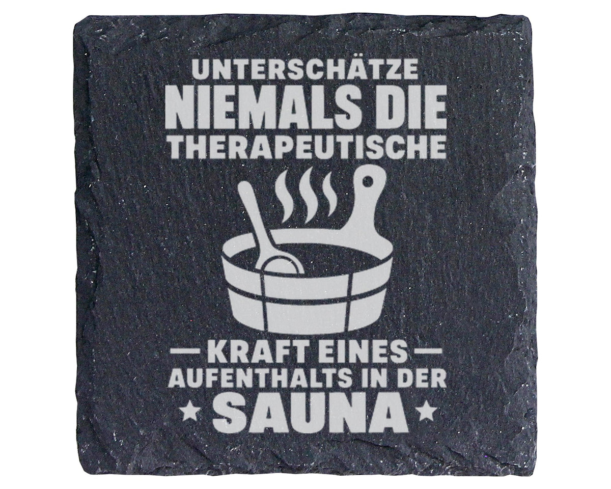 Schiefer Untersetzer Sauna Spruch Therapeutische Kraft - Geschenk Für  – Bild 1