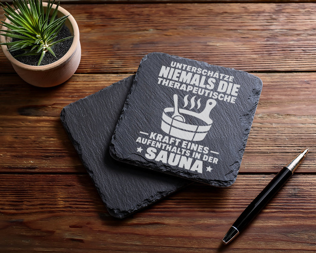 Schiefer Untersetzer Sauna Spruch Therapeutische Kraft - Geschenk Für  – Bild 5