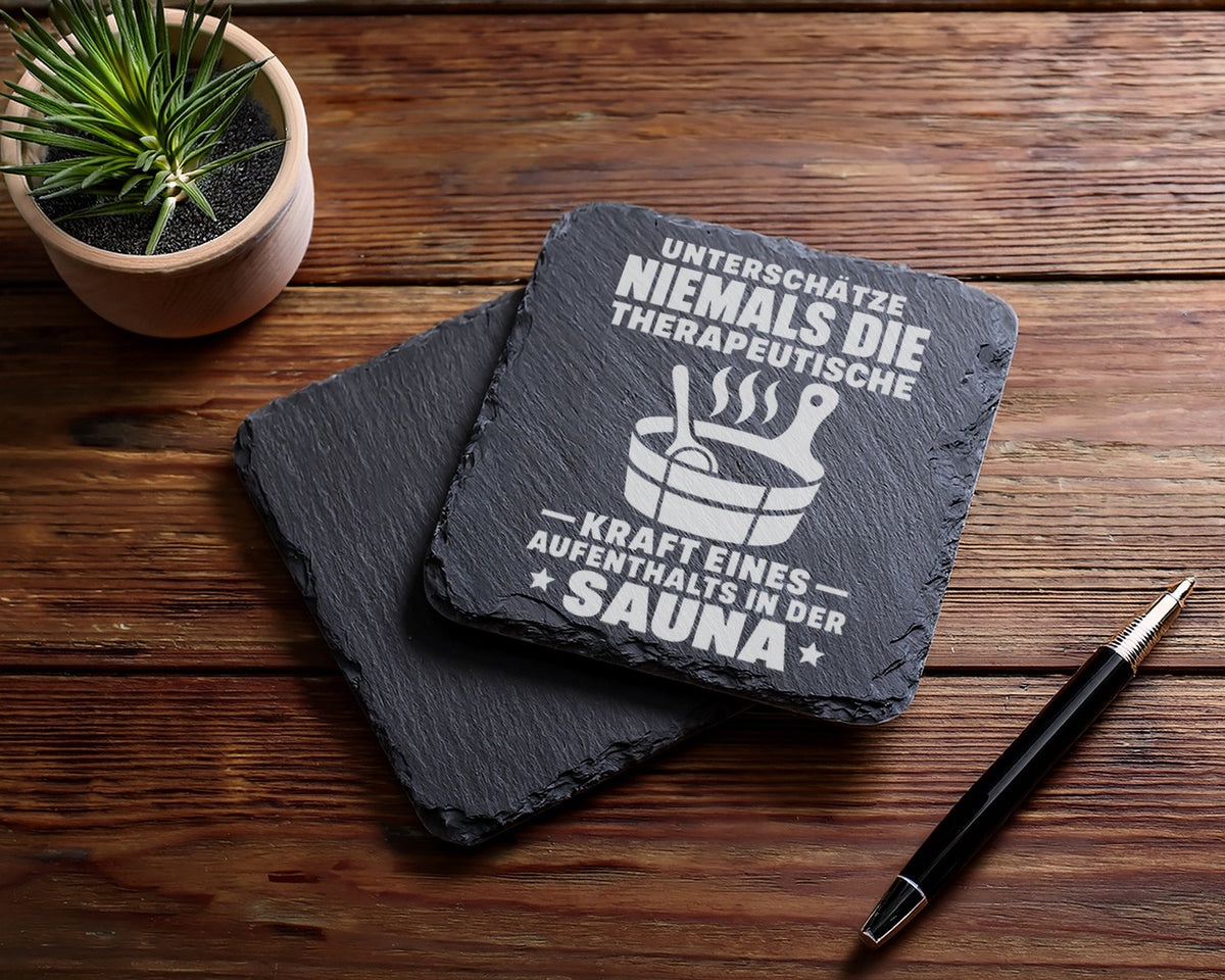 Schiefer Untersetzer Sauna Spruch Therapeutische Kraft - Geschenk Für  – Bild 5