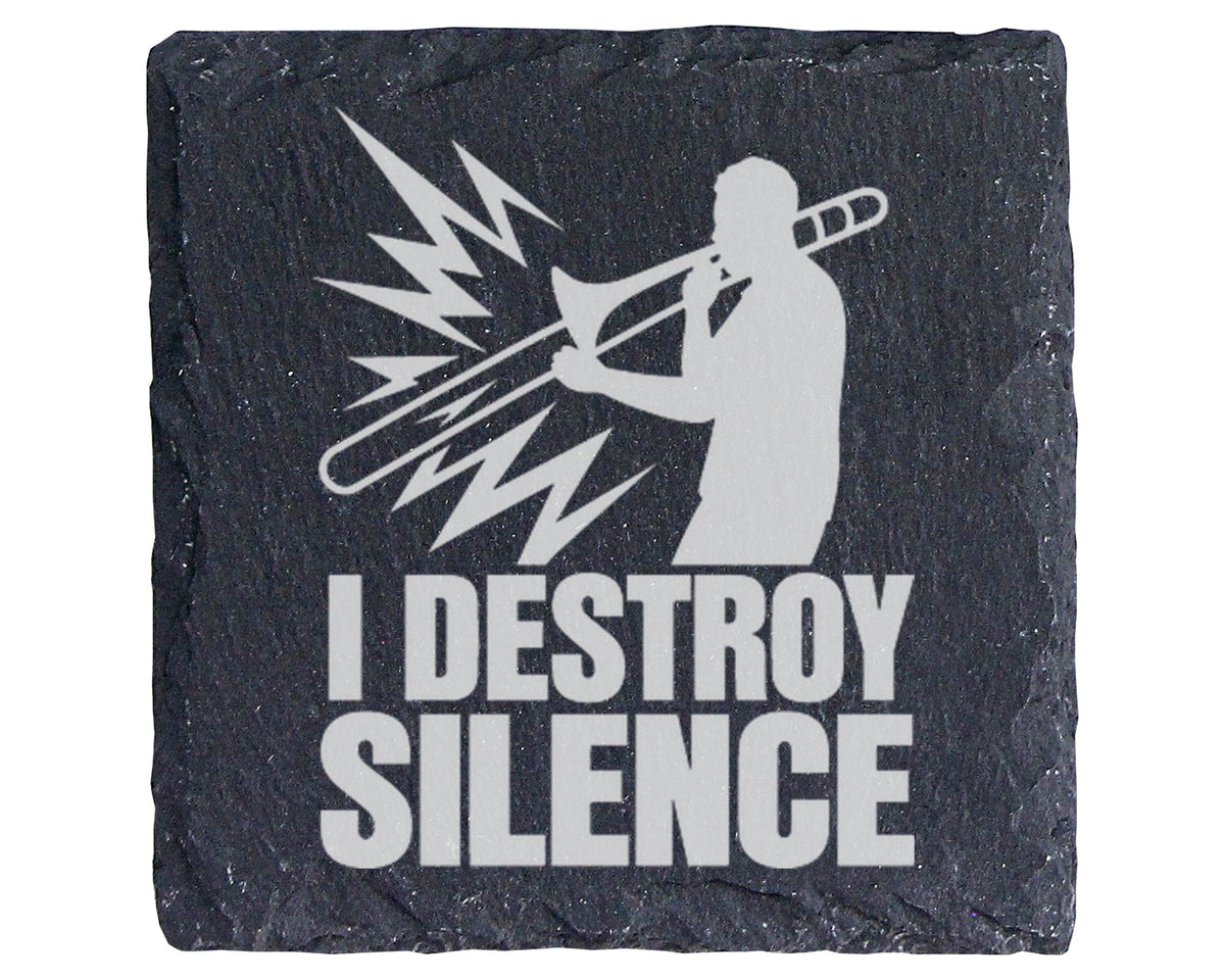 Schiefer Untersetzer Posaune I Destroy Silence - Lustiges Geschenk für – Bild 1