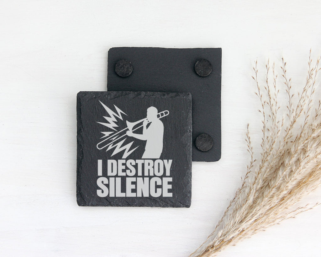 Schiefer Untersetzer Posaune I Destroy Silence - Lustiges Geschenk für – Bild 2