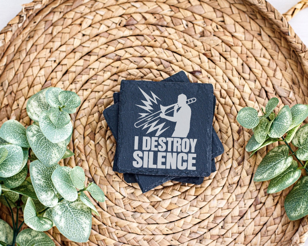 Schiefer Untersetzer Posaune I Destroy Silence - Lustiges Geschenk für – Bild 3