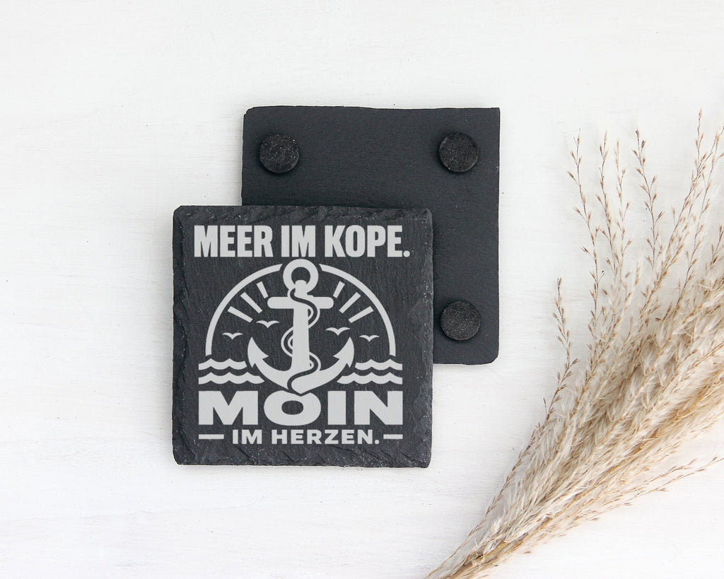 Schiefer Untersetzer Anker Moin Meer Im Kopf Herzen Spruch - Geschenk  – Bild 2