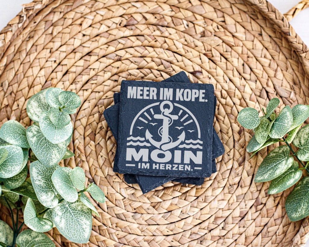 Schiefer Untersetzer Anker Moin Meer Im Kopf Herzen Spruch - Geschenk  – Bild 3